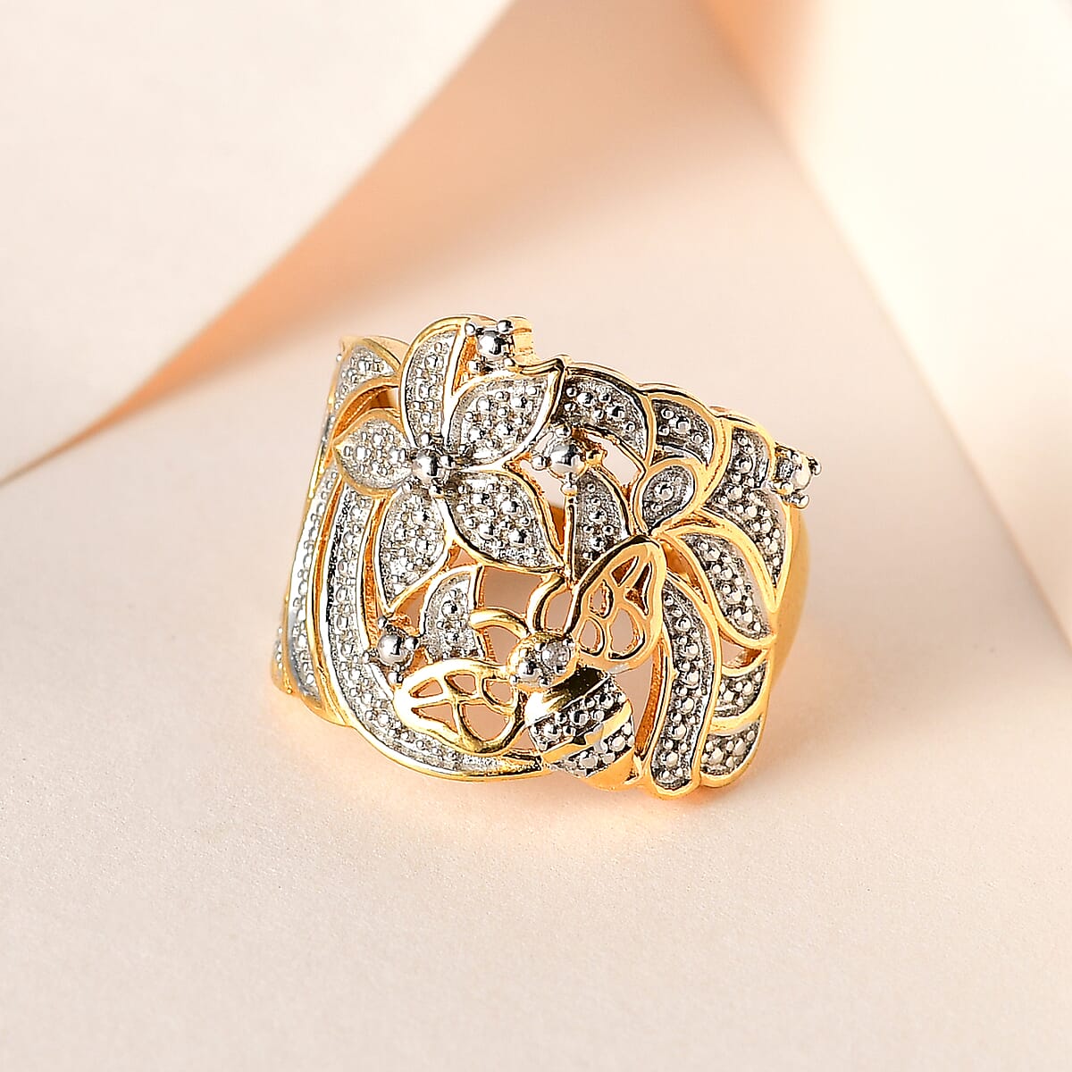 Karis White Diamond Accent Floral and Bee Ring in 18K YG Plated image number 1