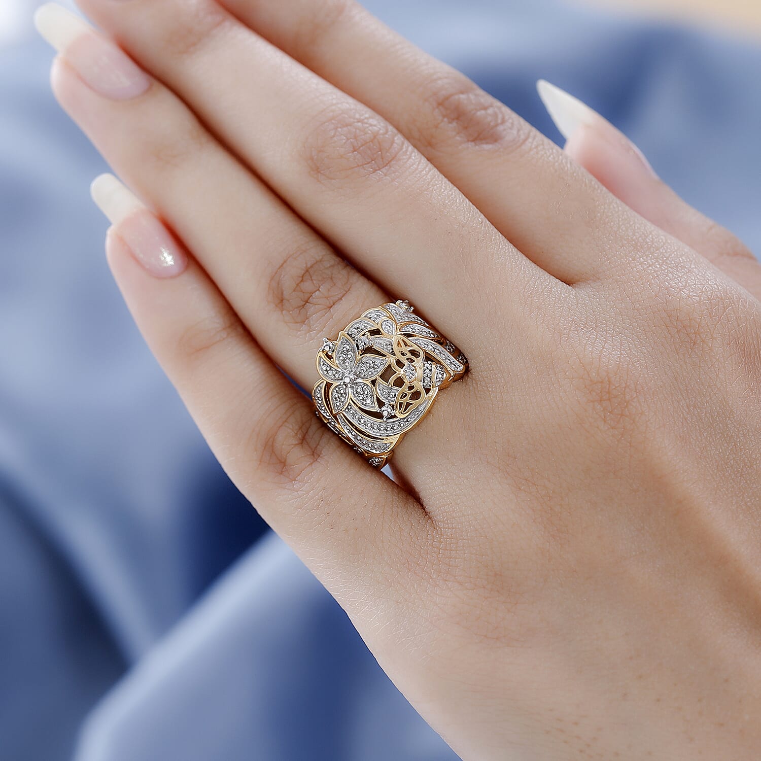 Karis White Diamond Accent Floral and Bee Ring in 18K YG Plated