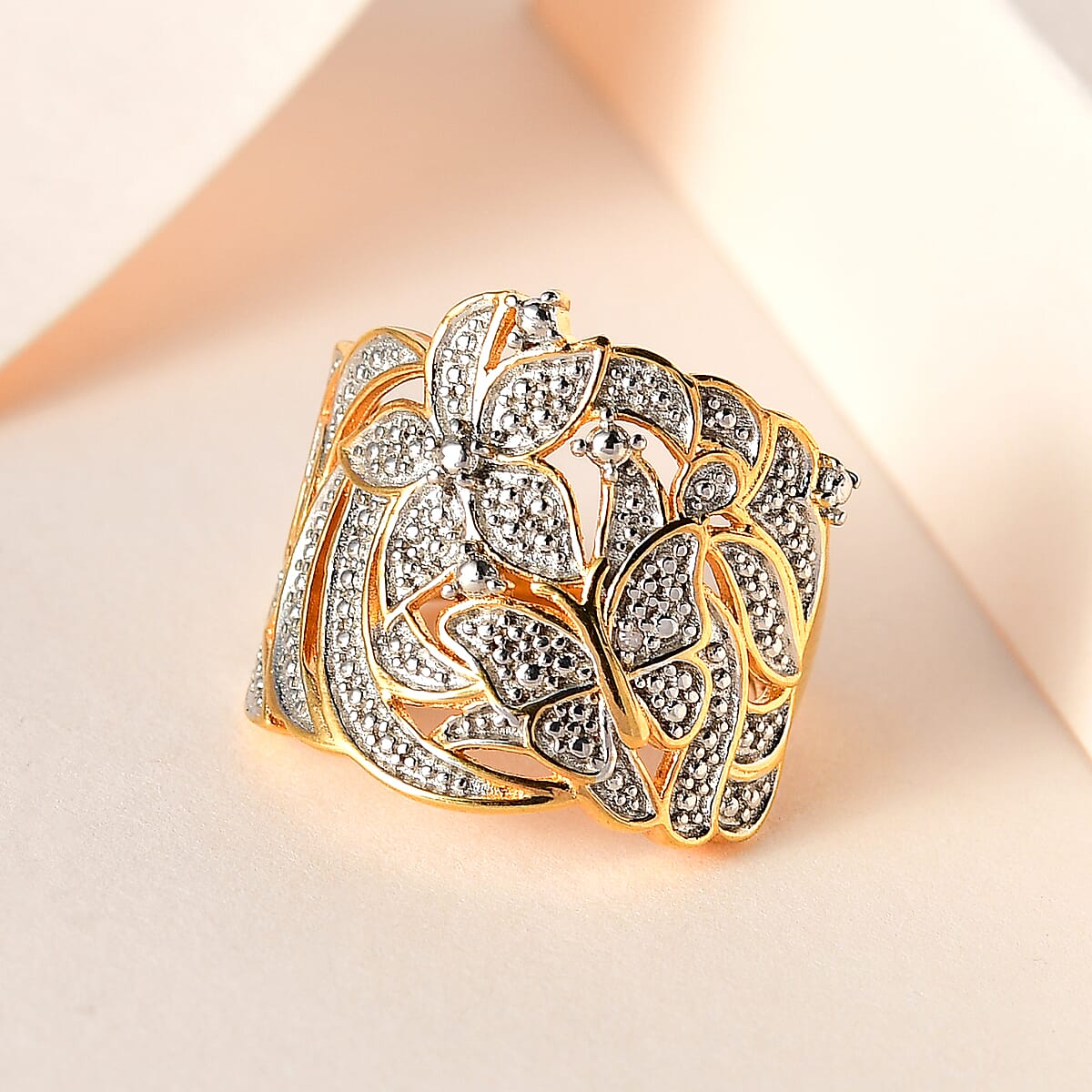 Karis White Diamond Accent Floral and Butterfly Ring in 18K YG Plated (Size 5.0) image number 1