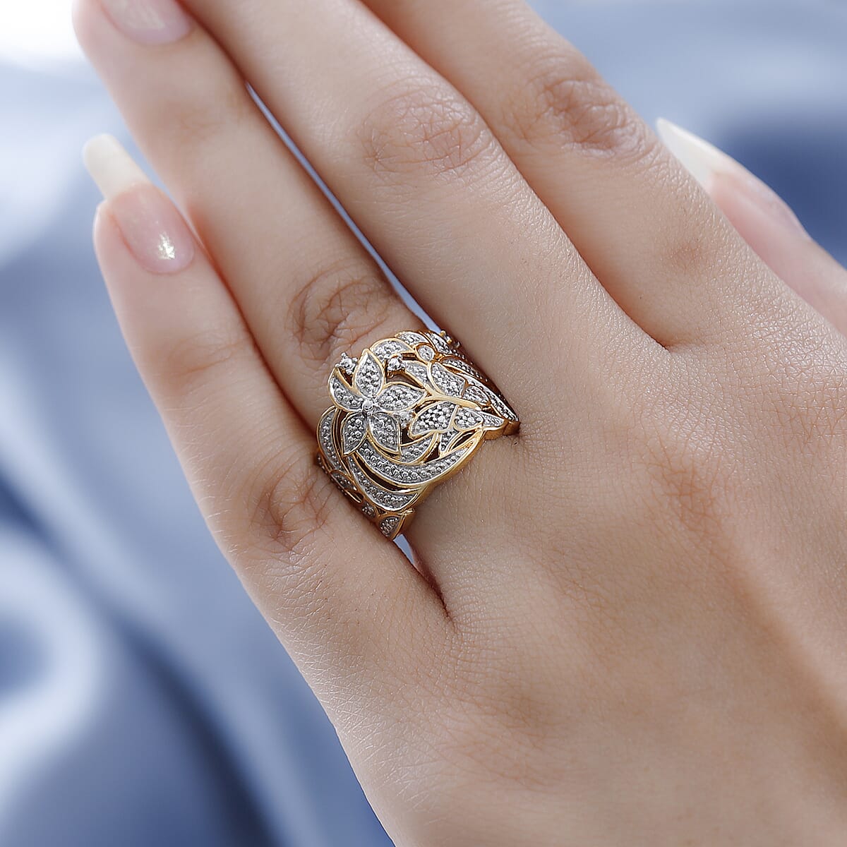 Karis White Diamond Accent Floral and Butterfly Ring in 18K YG Plated (Size 5.0) image number 2