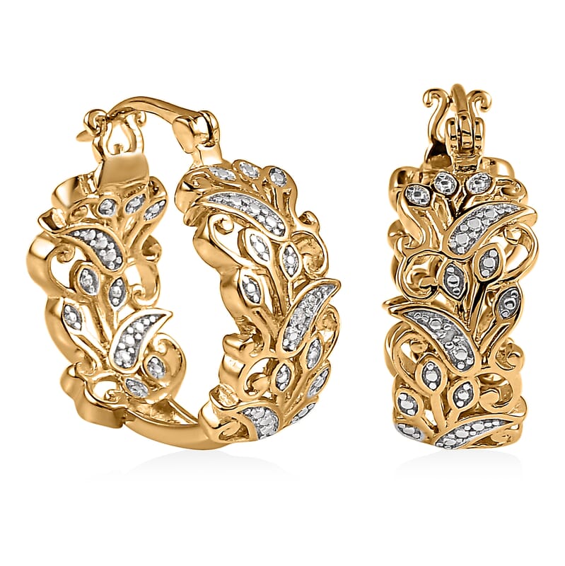 Karis White Diamond Accent Hoop Earrings in 18K YG Plated, Floral Pattern Earrings, Gifts For Her