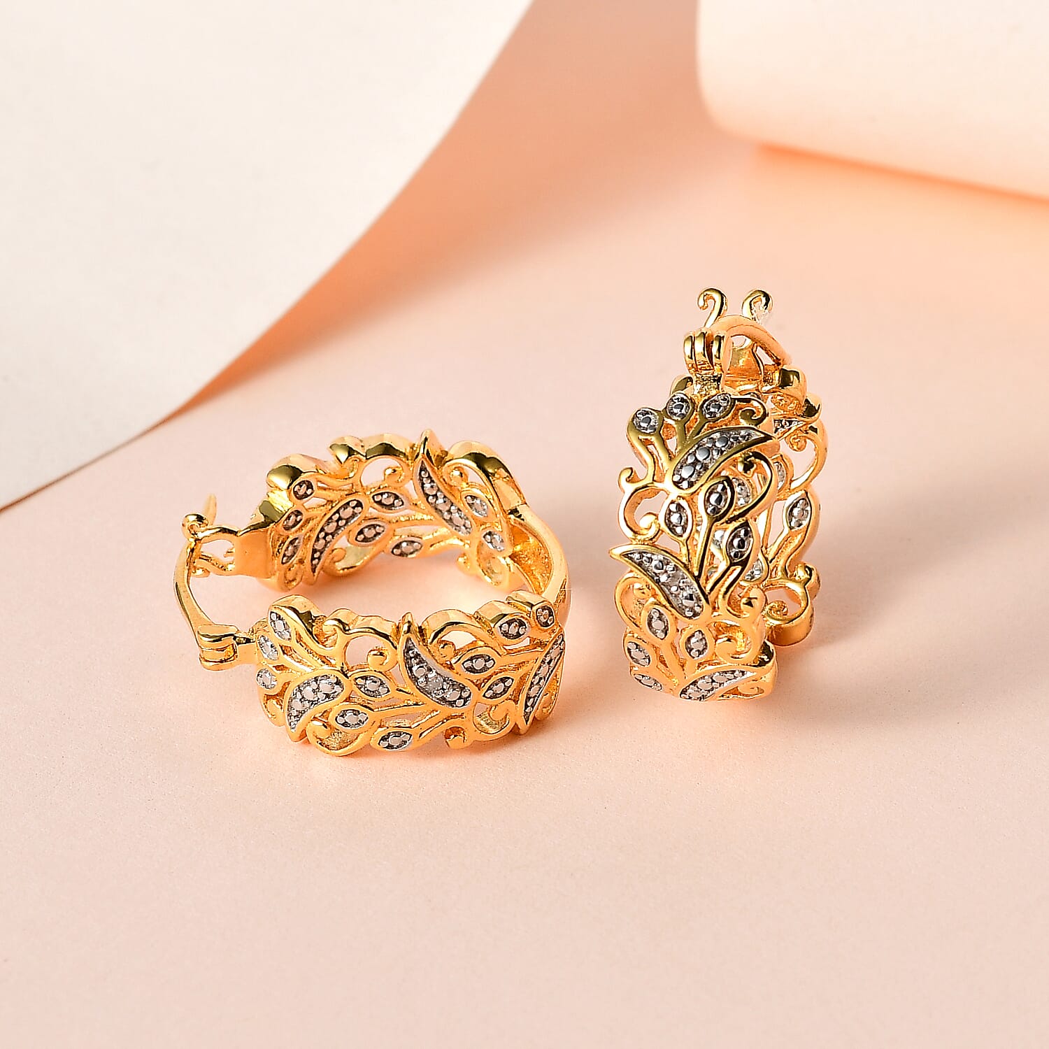 Karis White Diamond Accent Hoop Earrings in 18K YG Plated, Floral Pattern Earrings, Gifts For Her