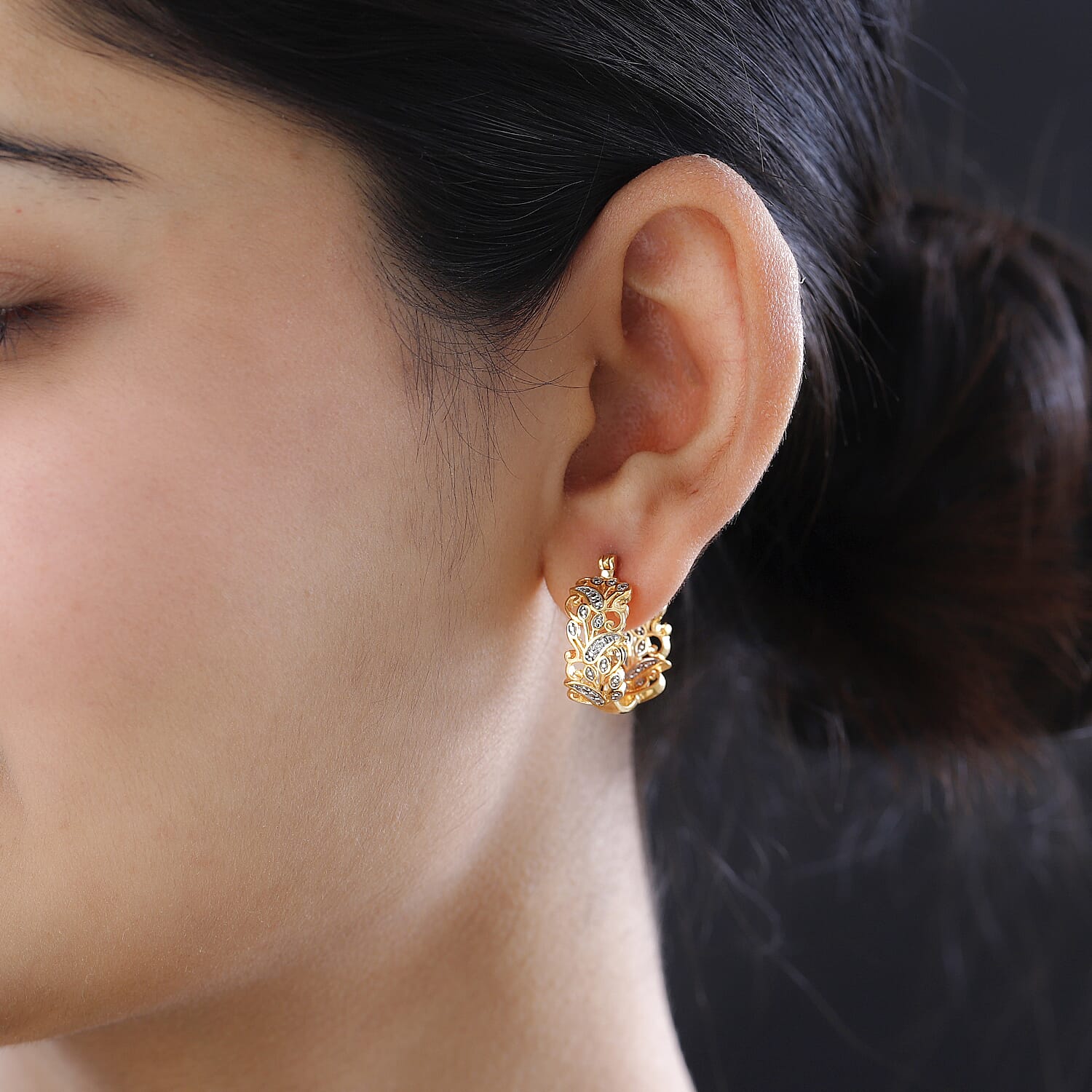 Karis White Diamond Accent Hoop Earrings in 18K YG Plated, Floral Pattern Earrings, Gifts For Her