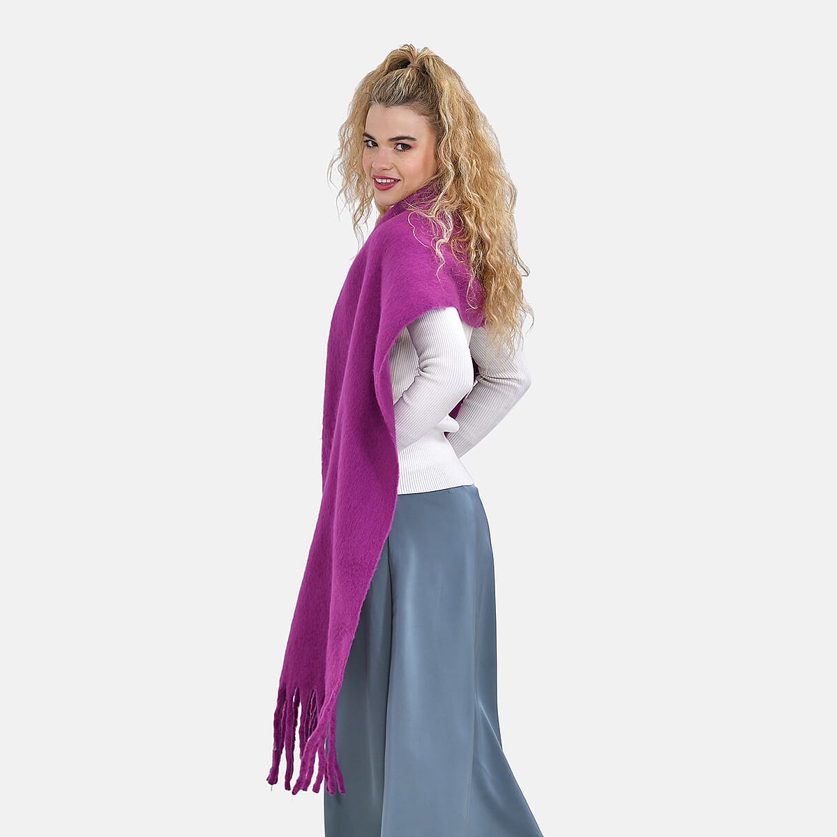 Purple Solid Color Scarf with Tassels image number 2