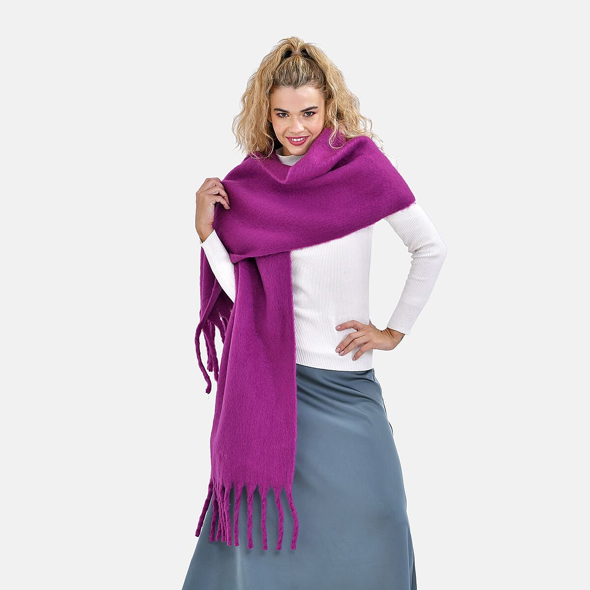 Purple Solid Color Scarf with Tassels image number 3