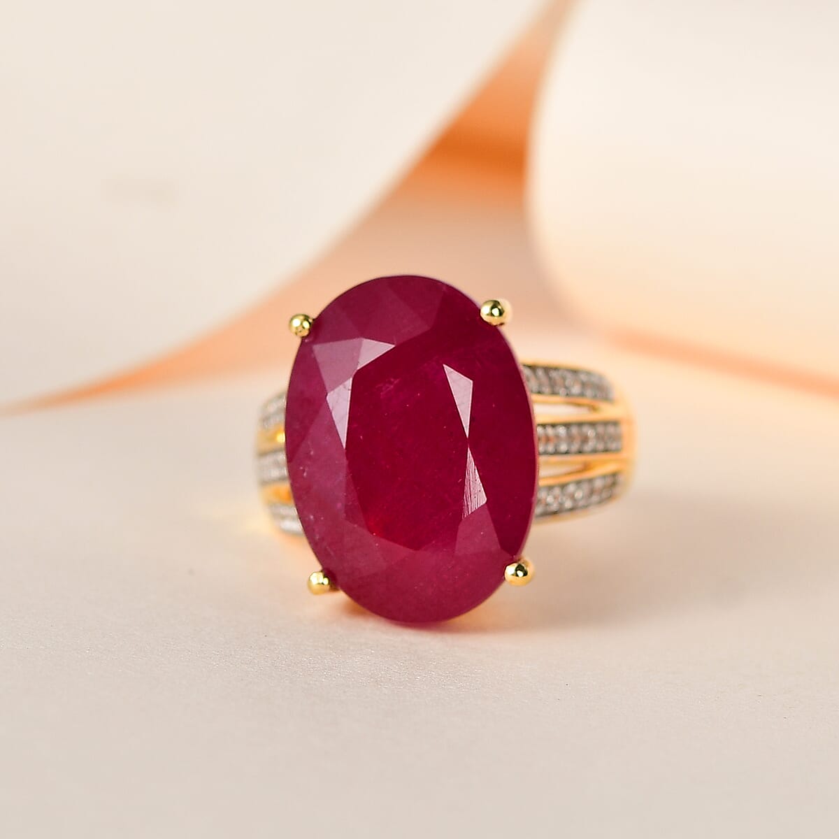Niassa Ruby (FF) and White Zircon Ring in Vermeil Yellow Gold Over Sterling Silver (Size 10.0) 20.10 ctw image number 1