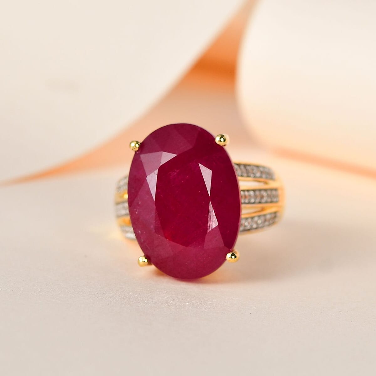 Niassa Ruby (FF) and White Zircon Ring in Vermeil Yellow Gold Over Sterling Silver (Size 8.0) 20.10 ctw image number 1