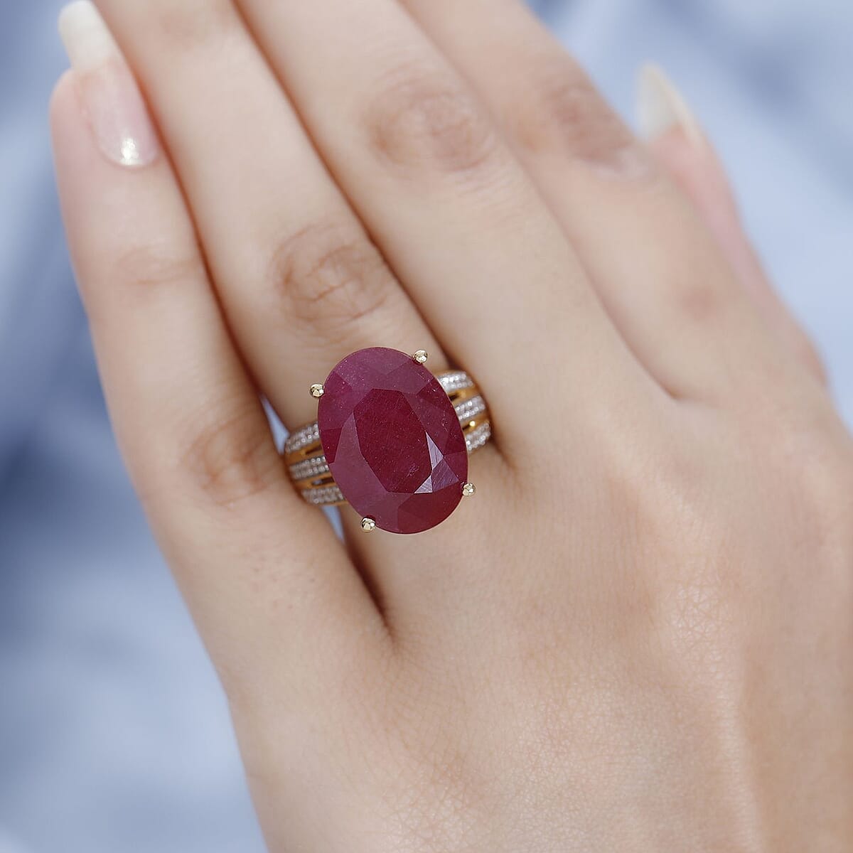 Niassa Ruby (FF) and White Zircon Ring in Vermeil Yellow Gold Over Sterling Silver (Size 8.0) 20.10 ctw image number 2