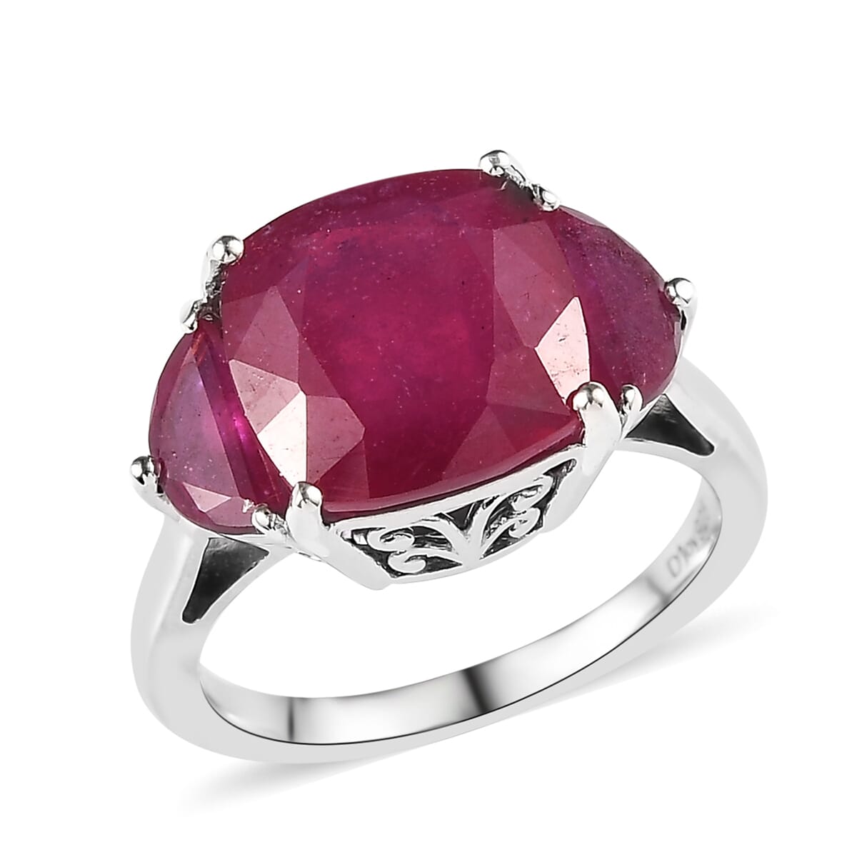 Niassa Ruby (FF) 3 Stone Ring in Platinum Over Sterling Silver (Size 10.0) 7.40 ctw image number 0