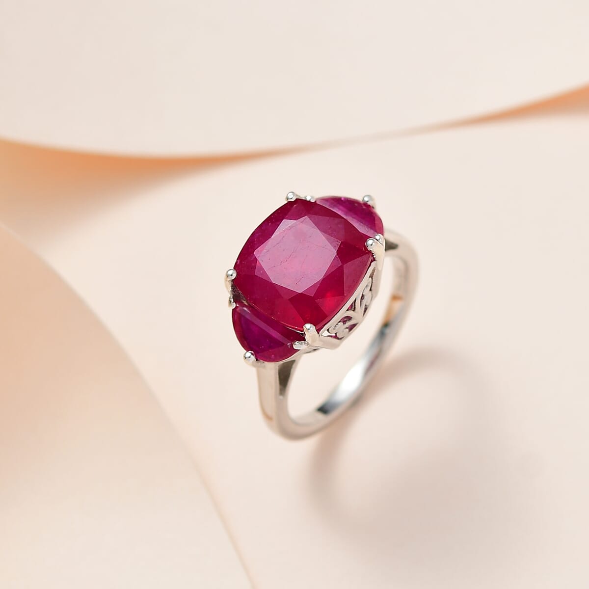 Niassa Ruby (FF) 3 Stone Ring in Platinum Over Sterling Silver (Size 10.0) 7.40 ctw image number 1