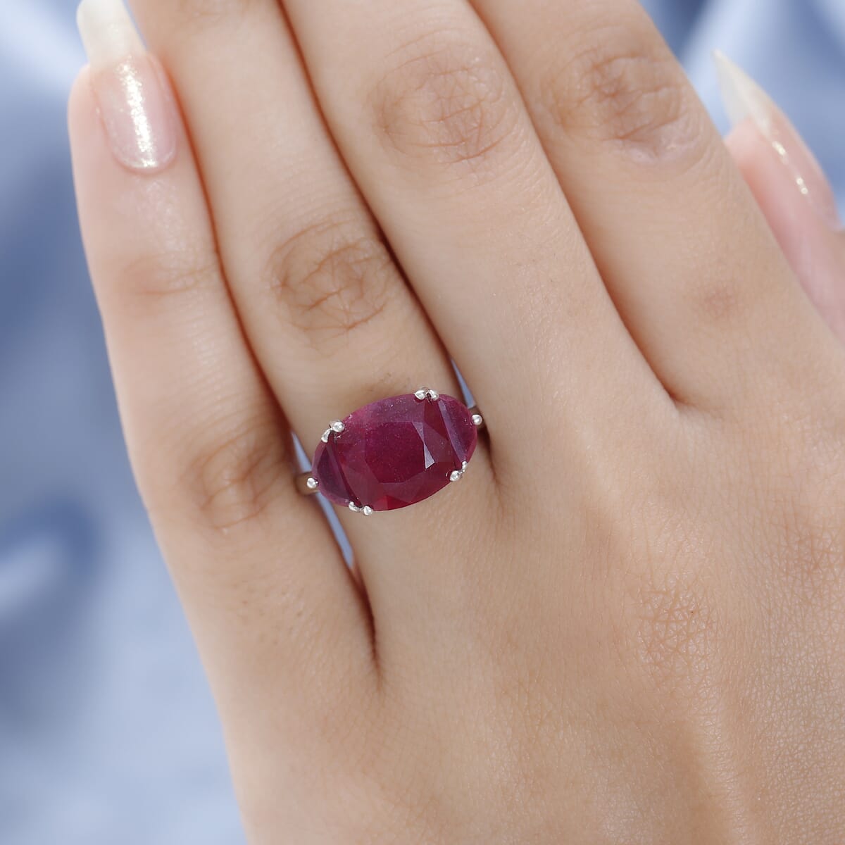 Niassa Ruby (FF) 3 Stone Ring in Platinum Over Sterling Silver (Size 10.0) 7.40 ctw image number 2