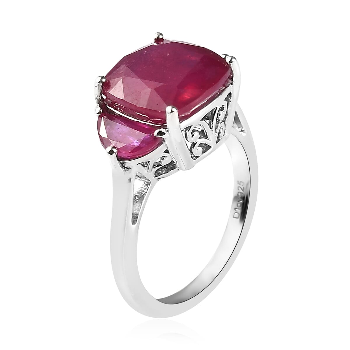 Niassa Ruby (FF) 3 Stone Ring in Platinum Over Sterling Silver (Size 10.0) 7.40 ctw image number 3