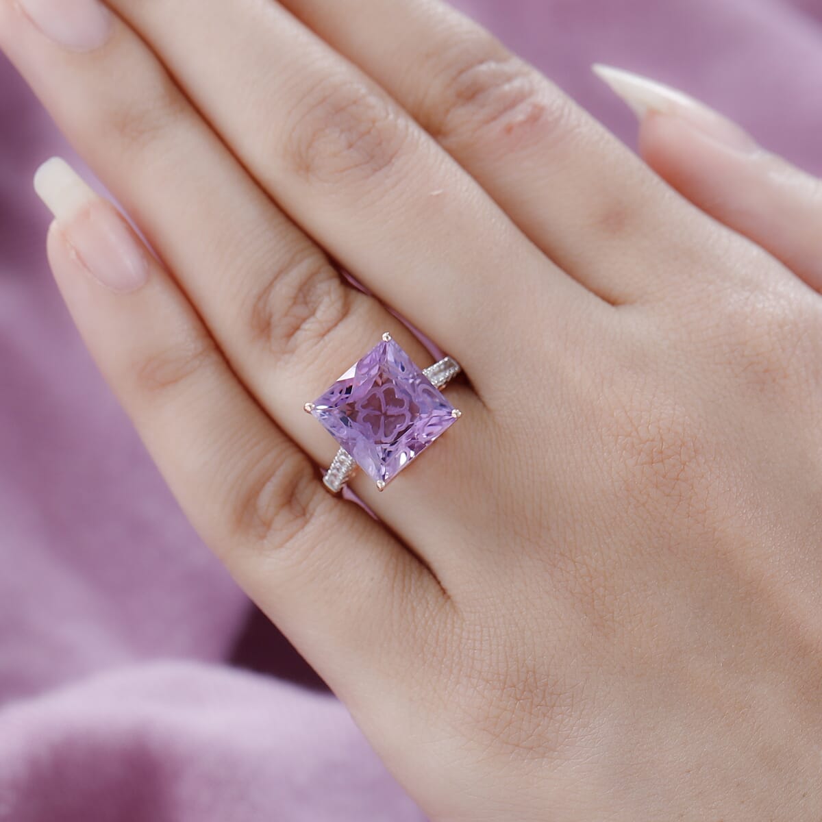 Rose De France Amethyst and White Zircon Ring in Vermeil RG Over Sterling Silver 9.25 ctw image number 2