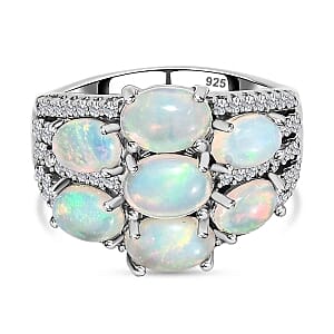 Ethiopian Welo Opal and White Zircon 3.65 ctw Cluster Ring in Platinum Over Sterling Silver (Size 9.0)