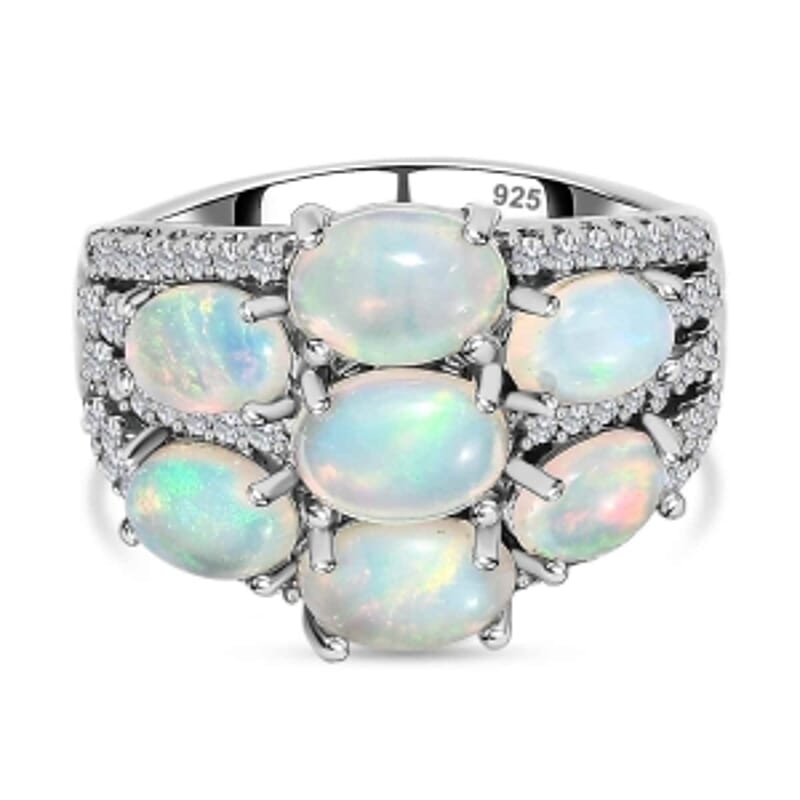 Ethiopian Welo Opal and White Zircon 3.65 ctw Cluster Ring in Platinum Over Sterling Silver (Size 11.5)