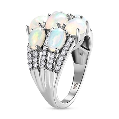 Ethiopian Welo Opal and White Zircon 3.65 ctw Cluster Ring in Platinum Over Sterling Silver (Size 11.5)