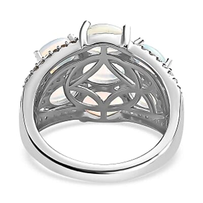 Ethiopian Welo Opal and White Zircon 3.65 ctw Cluster Ring in Platinum Over Sterling Silver (Size 11.5)