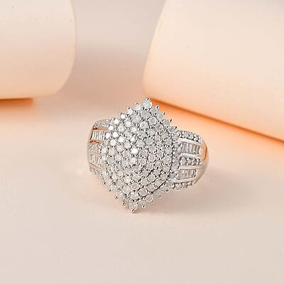 Diamond Cluster Ring in Platinum Over Sterling Silver (Size 10.0) 2.00 ctw