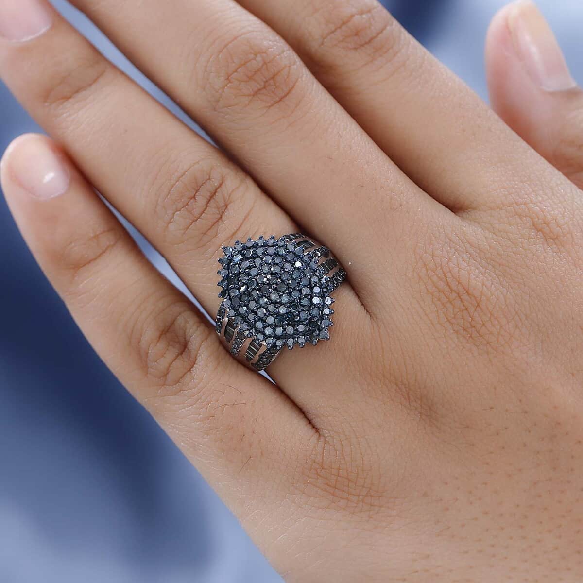 Blue Diamond Cluster Ring in Platinum Over Sterling Silver (Size 6.0) 2.00 ctw image number 2
