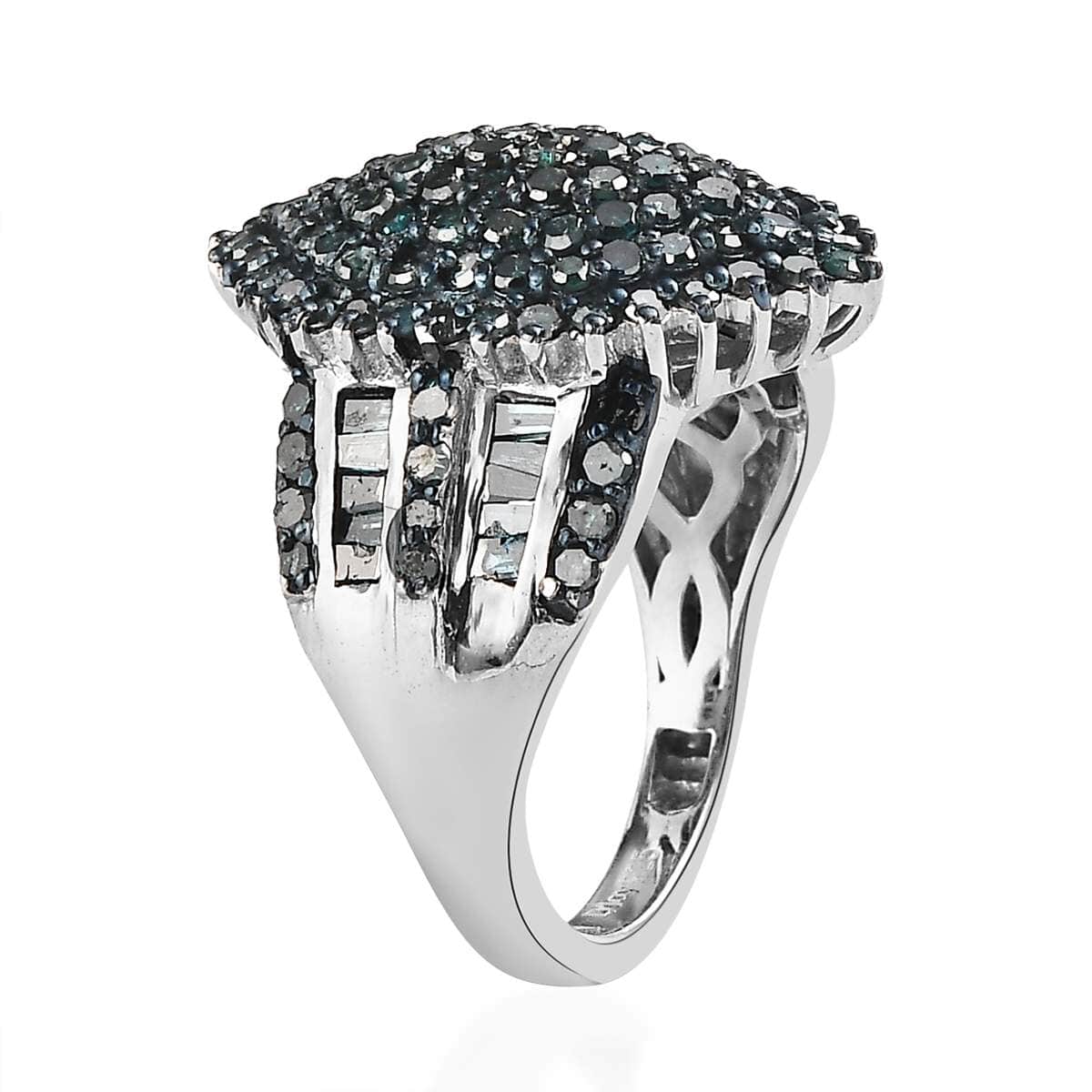 Blue Diamond Cluster Ring in Platinum Over Sterling Silver (Size 6.0) 2.00 ctw image number 3