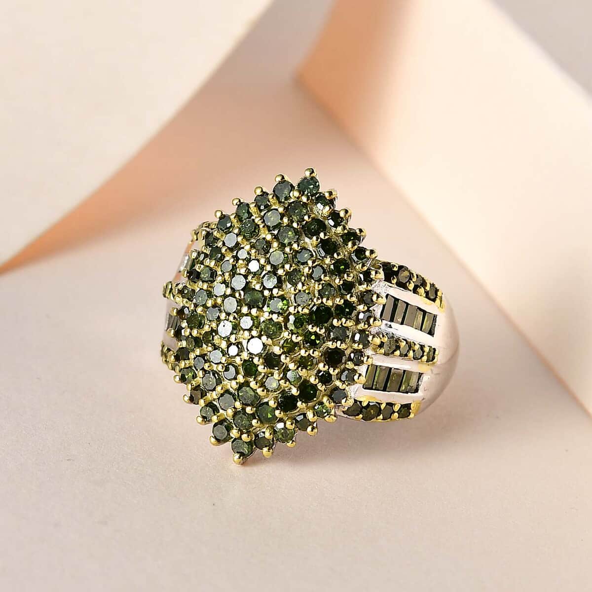 Green Diamond Cluster Ring in Platinum Over Sterling Silver (Size 6.0) 2.00 ctw image number 1