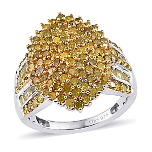 Yellow Diamond Cluster Ring in Platinum Over Sterling Silver (Size 6.0) 2.00 ctw