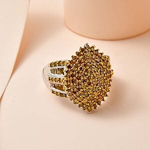 Yellow Diamond Cluster Ring in Platinum Over Sterling Silver (Size 6.0) 2.00 ctw