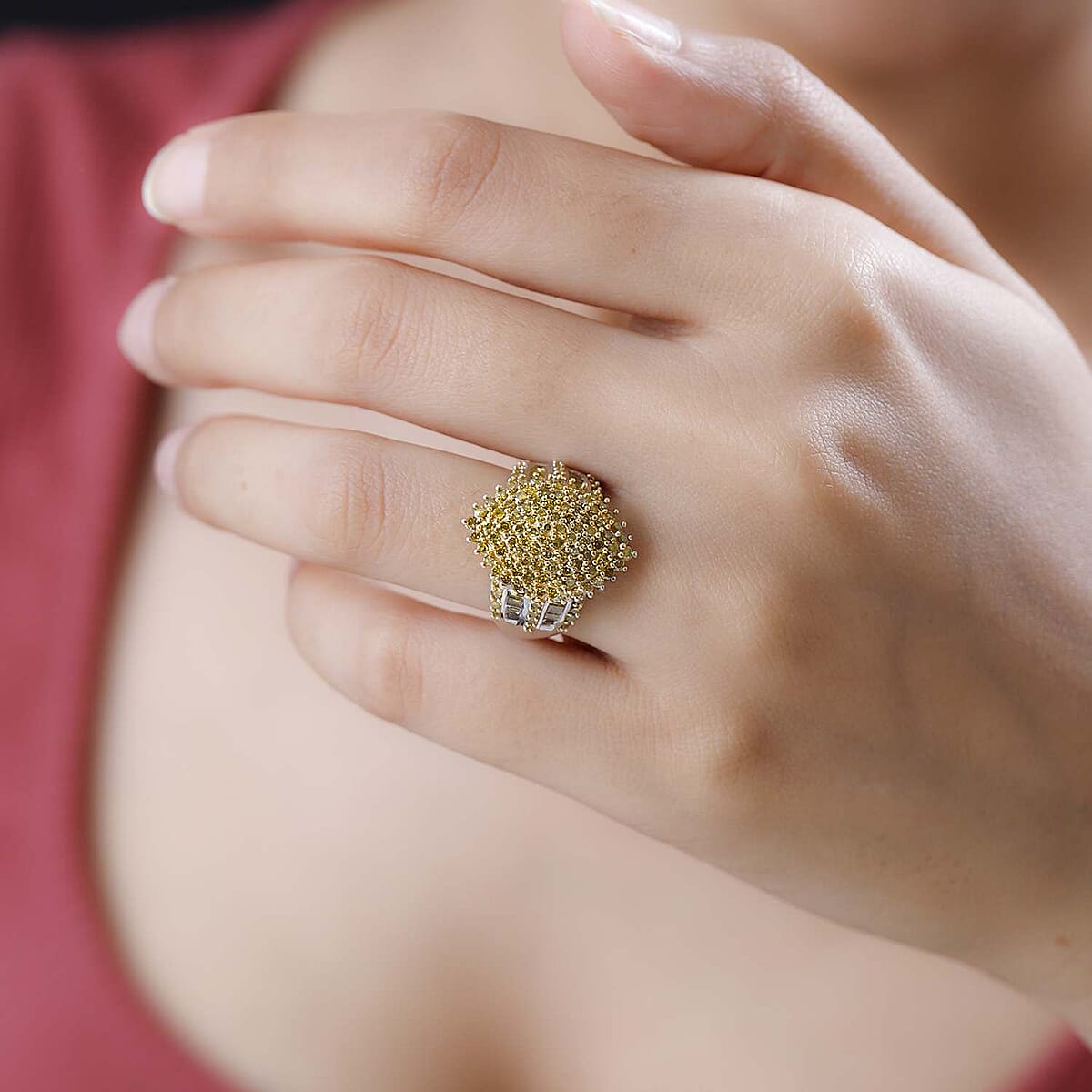 Yellow Diamond Cluster Ring in Platinum Over Sterling Silver (Size 6.0) 2.00 ctw image number 2