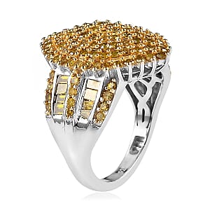 Yellow Diamond Cluster Ring in Platinum Over Sterling Silver (Size 6.0) 2.00 ctw