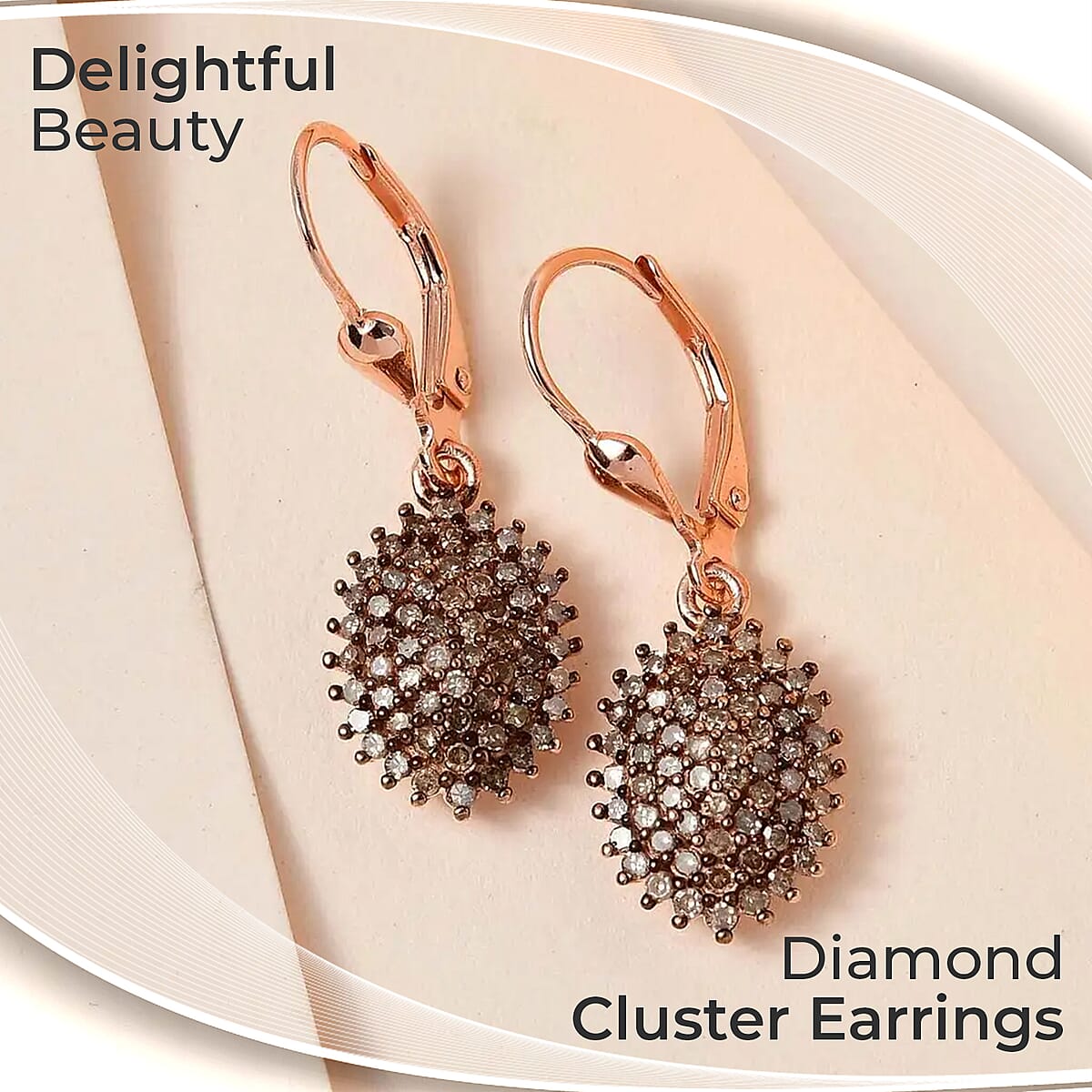 Natural Champagne Diamond Earrings, Champagne Diamond Cluster Earrings, Diamond Lever Back Earrings, Vermeil Rose Gold Over Sterling Silver Earrings 1.00 ctw image number 1