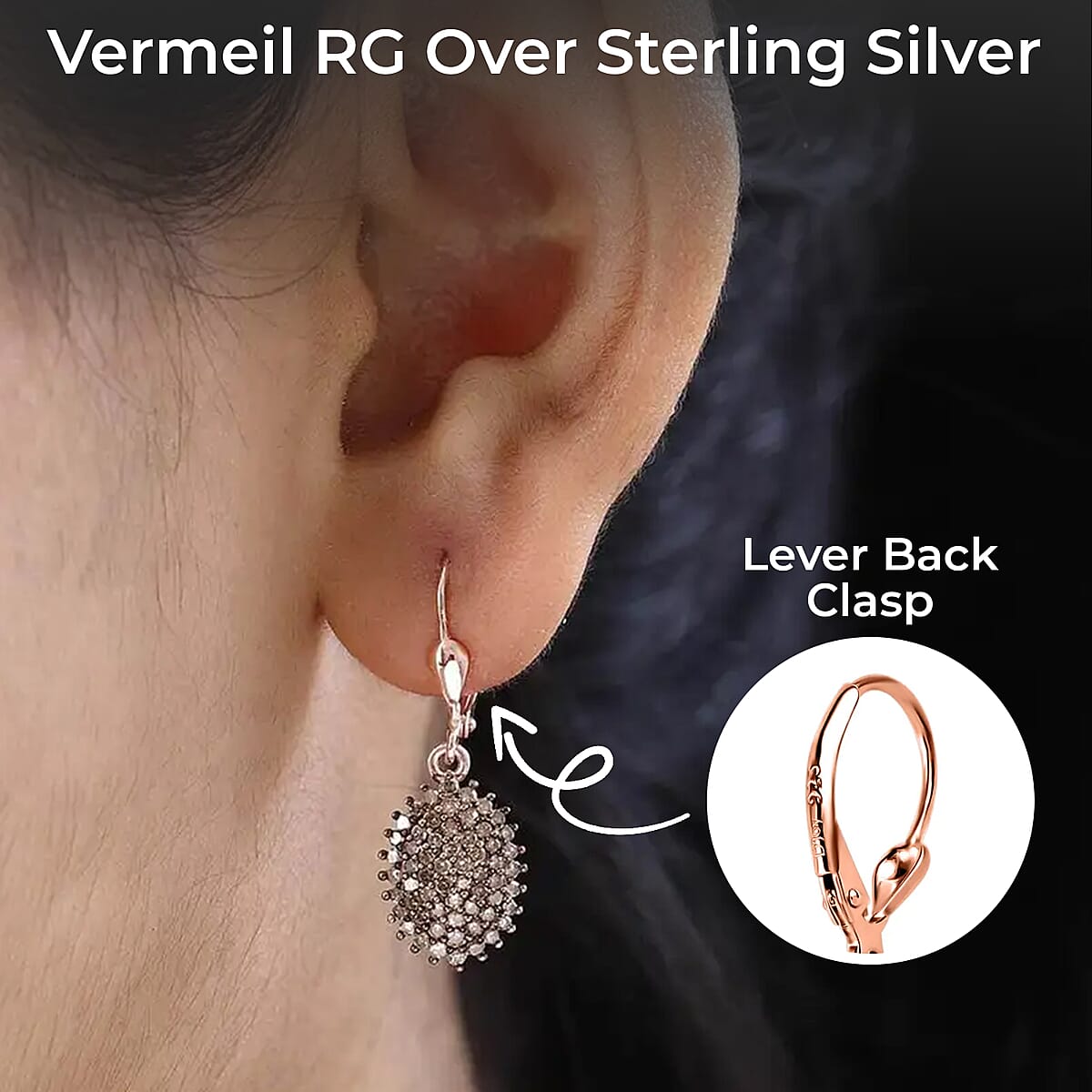 Natural Champagne Diamond Earrings, Champagne Diamond Cluster Earrings, Diamond Lever Back Earrings, Vermeil Rose Gold Over Sterling Silver Earrings 1.00 ctw image number 2