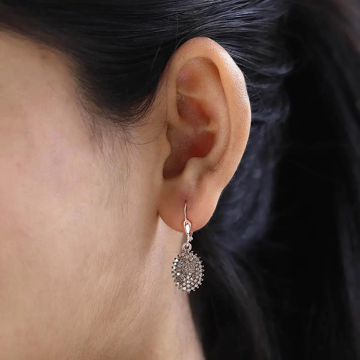 Natural Champagne Diamond Earrings, Champagne Diamond Cluster Earrings, Diamond Lever Back Earrings, Vermeil Rose Gold Over Sterling Silver Earrings 1.00 ctw image number 5