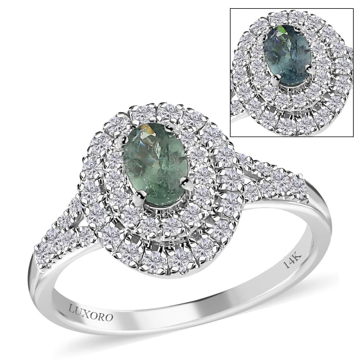 Luxoro 14K White Gold AAA Narsipatnam Alexandrite and Moissanite Double Halo Ring (Size 10.0) 1.10 ctw image number 0