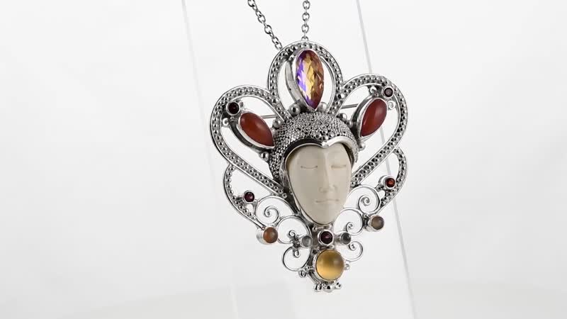 Sajen Silver Carved Bone and Multi Gemstone Pendant in Sterling Silver 12.85 ctw