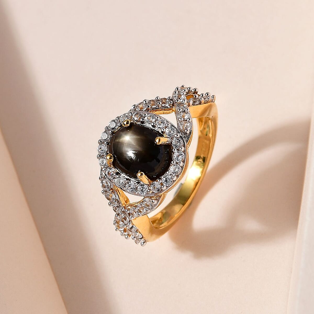 Bankacha Natural Black Star Sapphire and White Zircon Infinity Ring in Vermeil Yellow Gold Over Sterling Silver 3.75 ctw image number 1