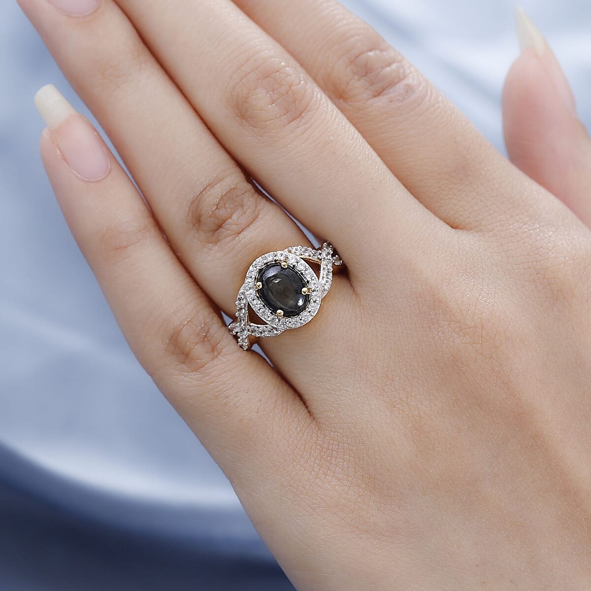 Bankacha Natural Black Star Sapphire and White Zircon Infinity Ring in Vermeil Yellow Gold Over Sterling Silver 3.75 ctw image number 2