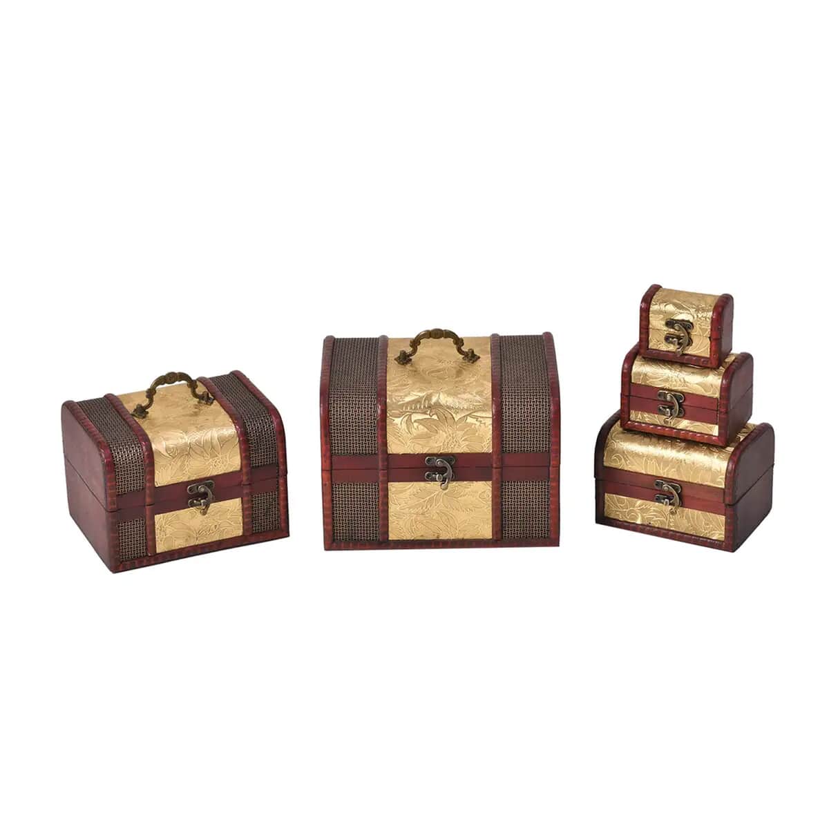 Doorbuster Set of 5 Golden Leaf Embossed MDF and Faux Leather Mixing Exquisite Jewelry Chest Box (8.7"x7.1"x6.3" - 3"x1.8"x2") image number 0