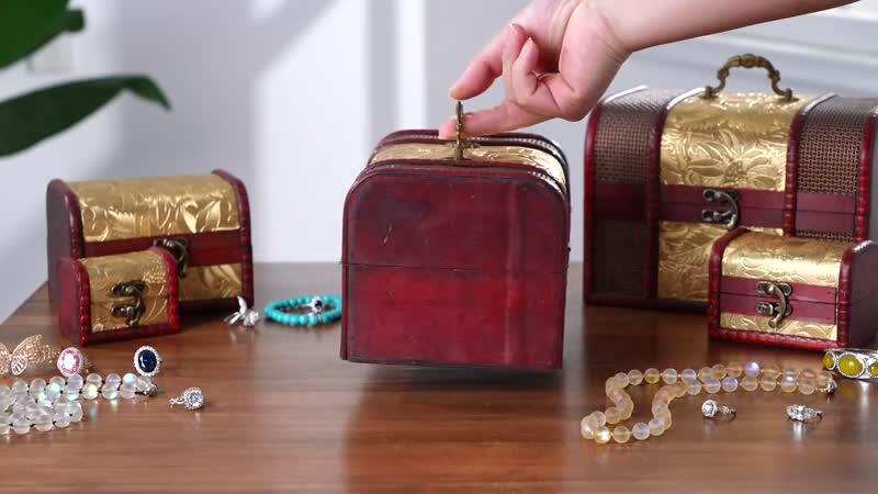 Doorbuster Set of 5 Golden Leaf Embossed MDF and Faux Leather Mixing Exquisite Jewelry Chest Box (8.7"x7.1"x6.3" - 3"x1.8"x2")