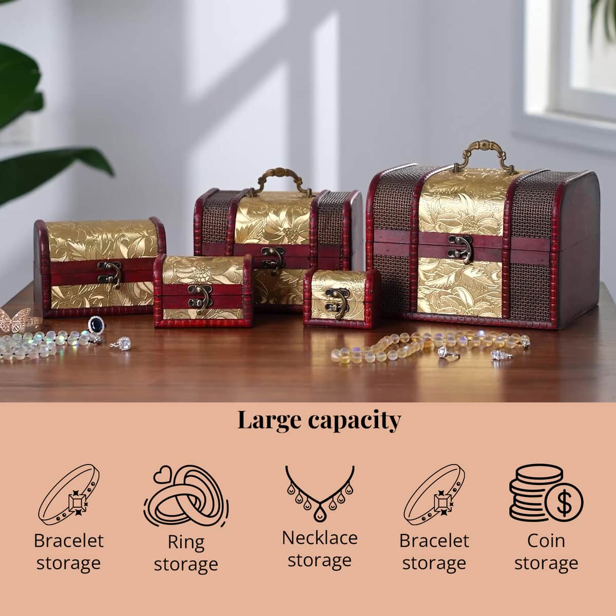 Doorbuster Set of 5 Golden Leaf Embossed MDF and Faux Leather Mixing Exquisite Jewelry Chest Box (8.7"x7.1"x6.3" - 3"x1.8"x2") image number 3