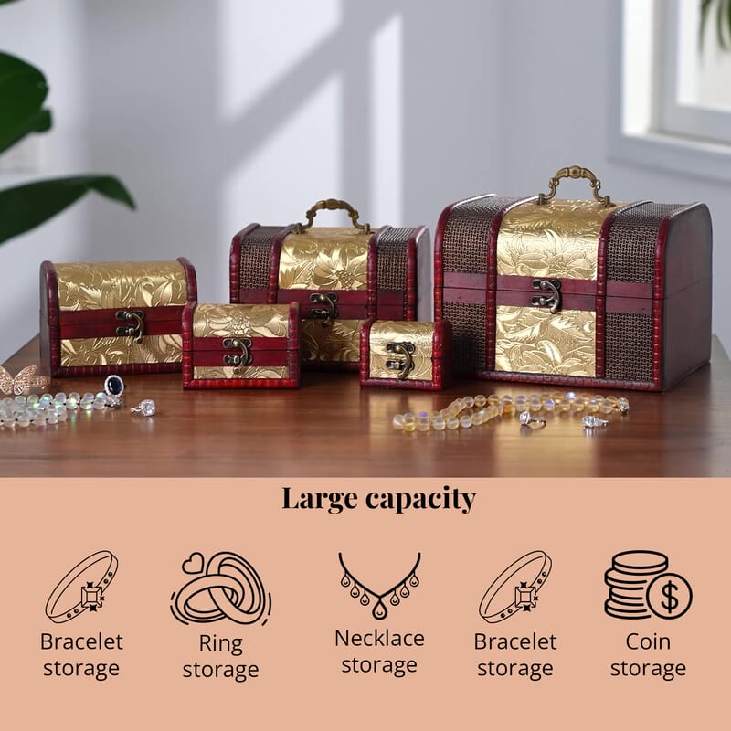 Set of 5 Golden Leaf Embossed MDF and Faux Leather Mixing Exquisite Jewelry Chest Box