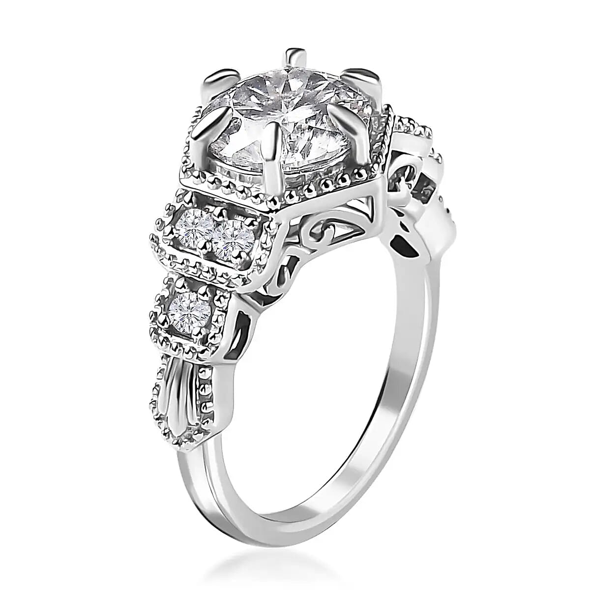 120 Facet Moissanite Ring in Platinum Over Sterling Silver (Size 10.0) 2.10 ctw