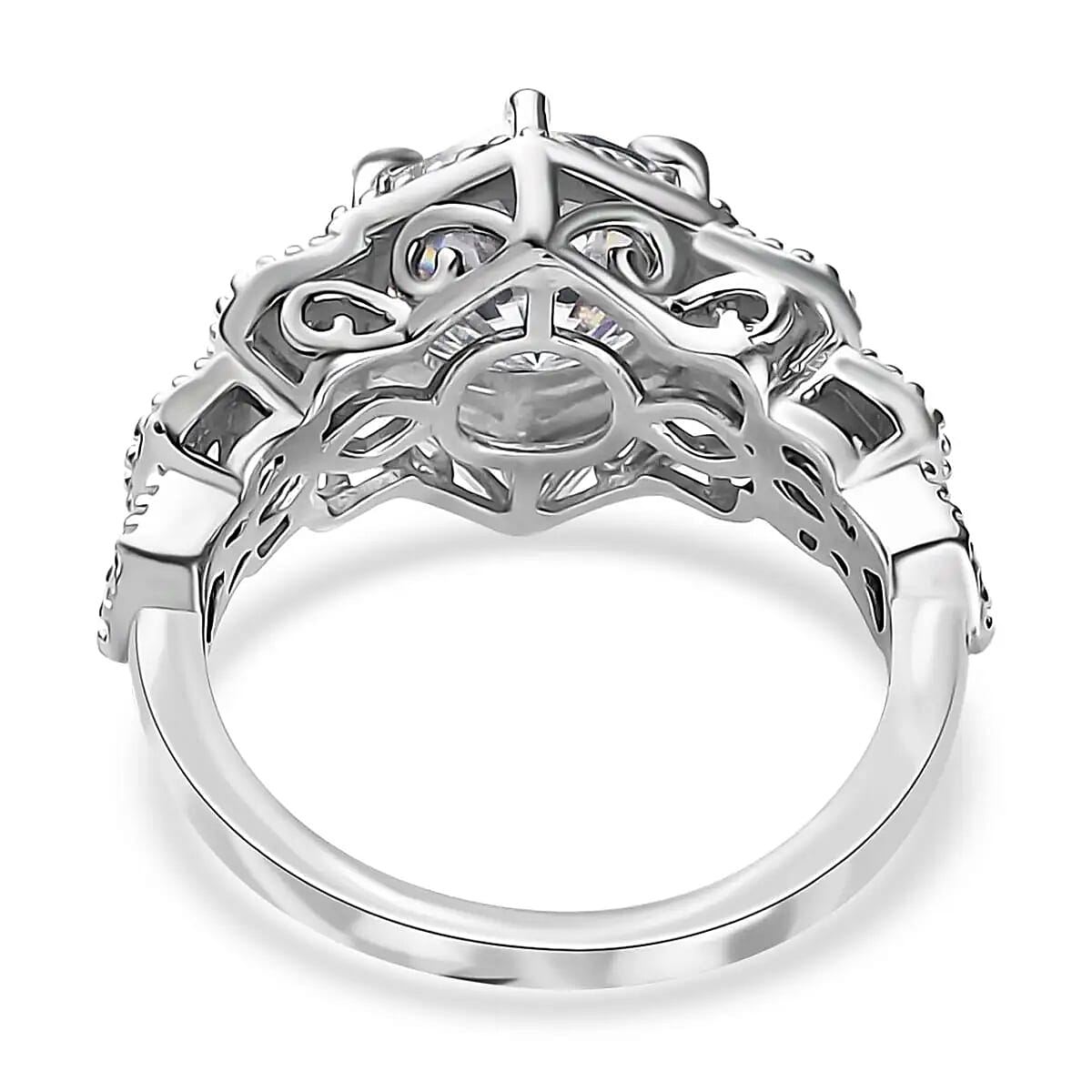 120 Facet Moissanite Ring in Platinum Over Sterling Silver (Size 10.0) 2.10 ctw