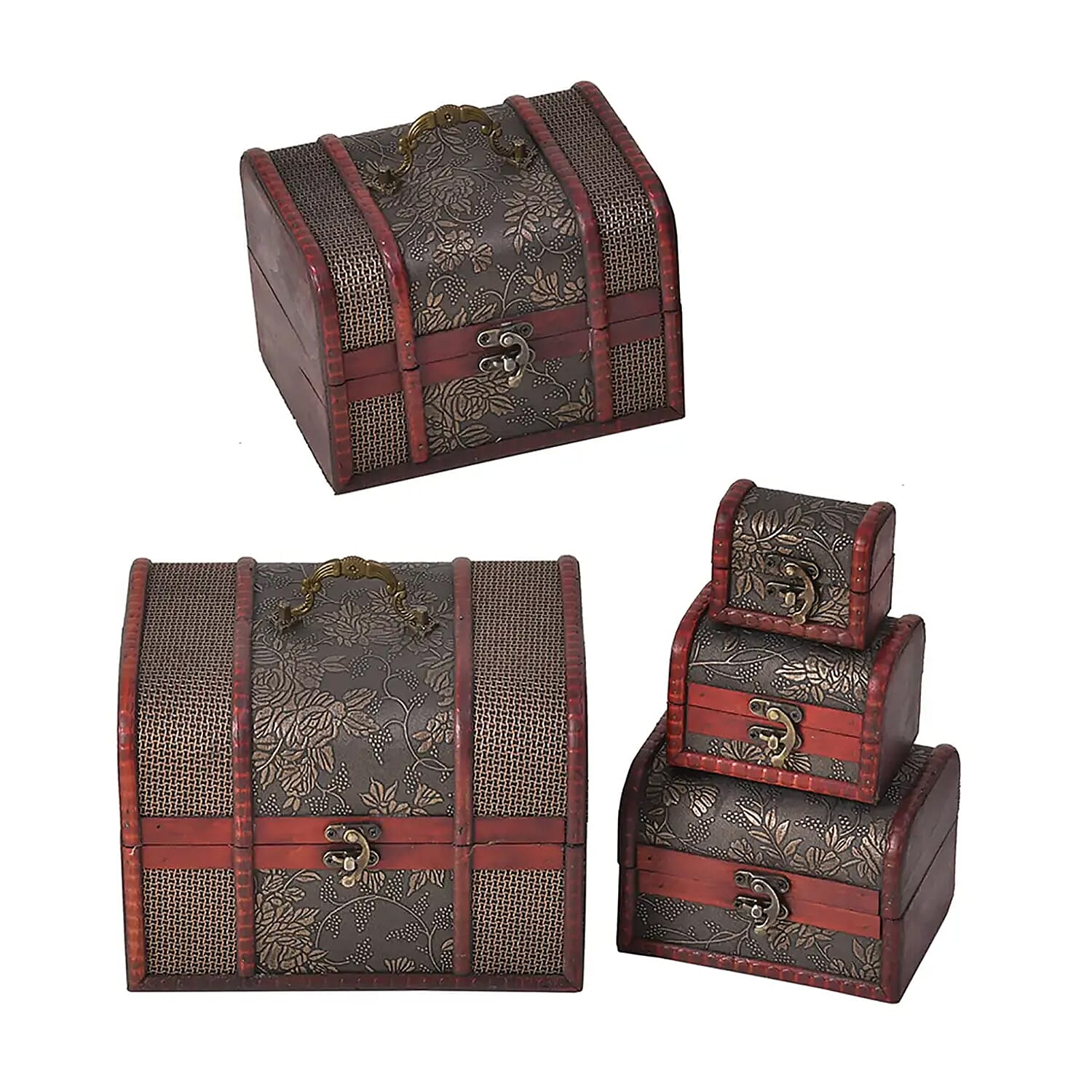 Doorbuster Set of 5 Golden Leaf Embossed MDF and Faux Leather Mixing Exquisite Jewelry Chest Box (8.7"x7.1"x6.3" - 3"x1.8"x2")