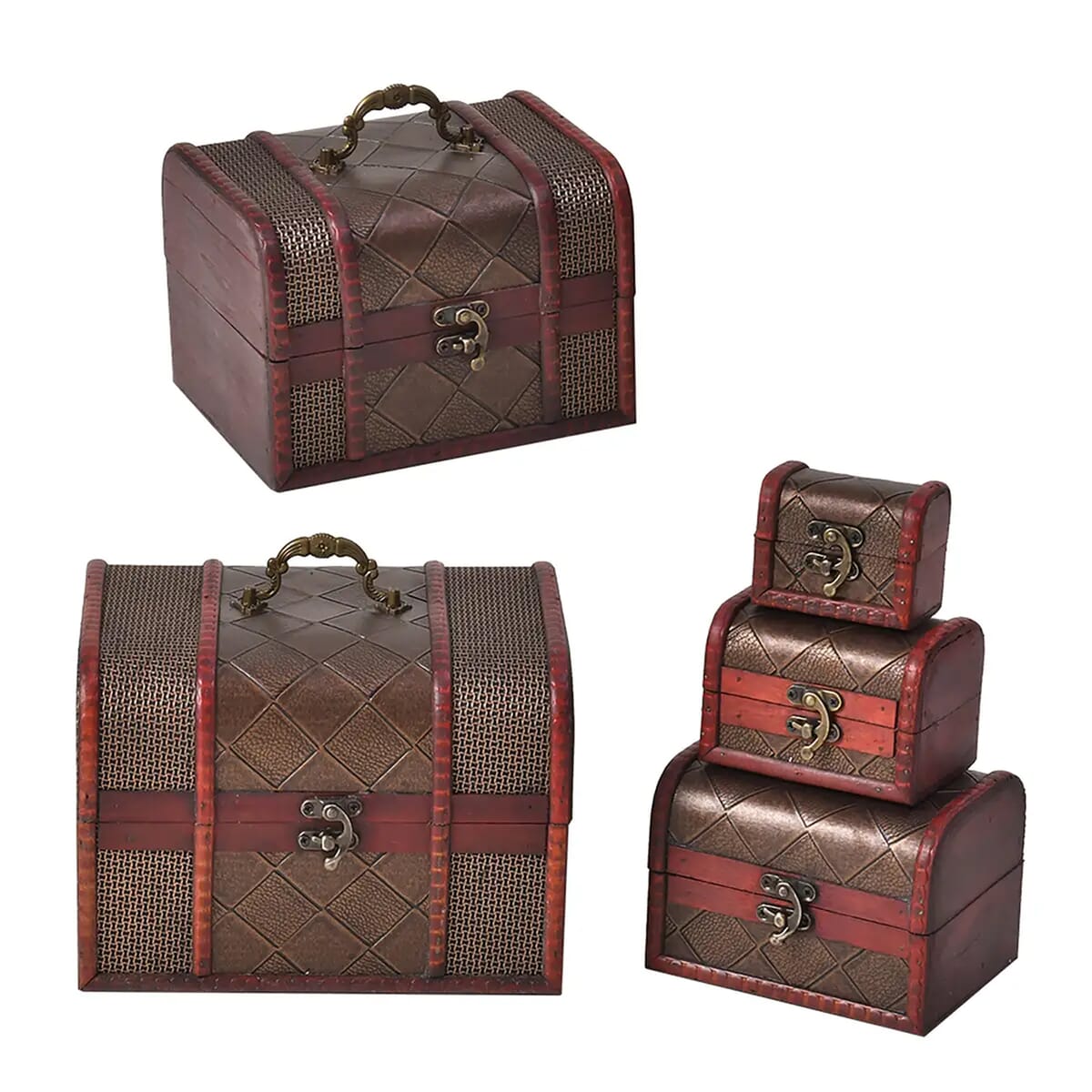 Set of 5 Bronze Floral Embossed MDF and Faux Leather Mixing Exquisite Jewelry Chest Box image number 0