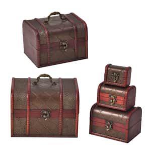 Set of 5 Bronze Floral Embossed MDF and Faux Leather Mixing Exquisite Jewelry Chest Box