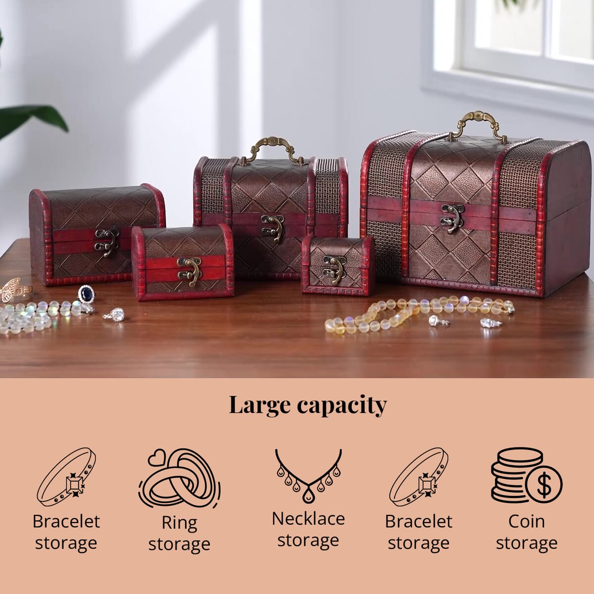 Set of 5 Bronze Floral Embossed MDF and Faux Leather Mixing Exquisite Jewelry Chest Box image number 3