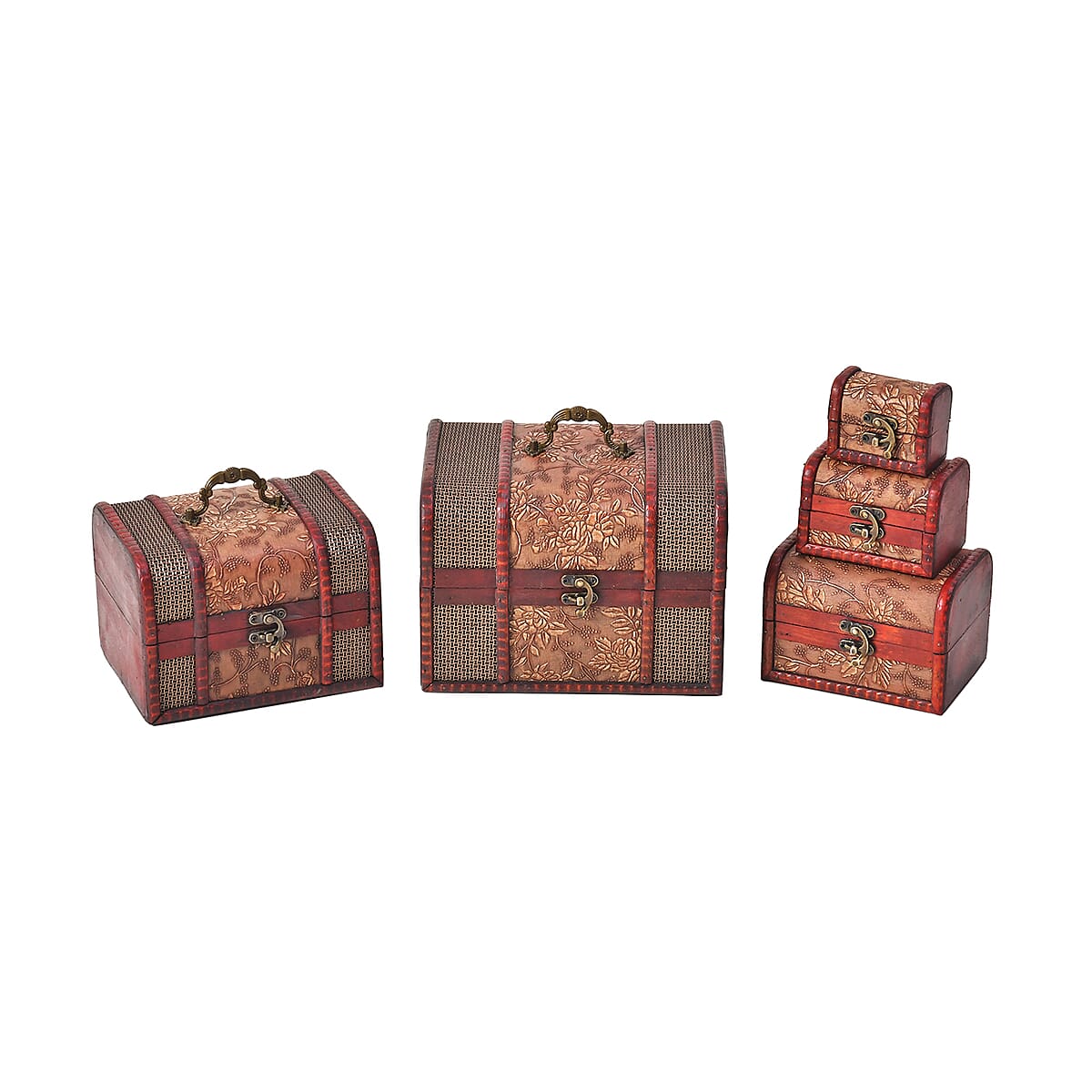 Set of 5 Brown Floral Embossed MDF and Faux Leather Mixing Exquisite Jewelry Chest Box image number 0