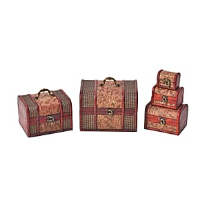 Set of 5 Brown Floral Embossed MDF and Faux Leather Mixing Exquisite Jewelry Chest Box
