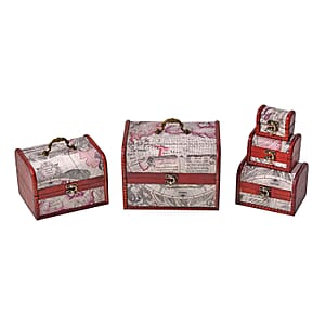 Set of 5 Silver Map Embossed MDF and Faux Leather Mixing Exquisit Jewelry Chest Box