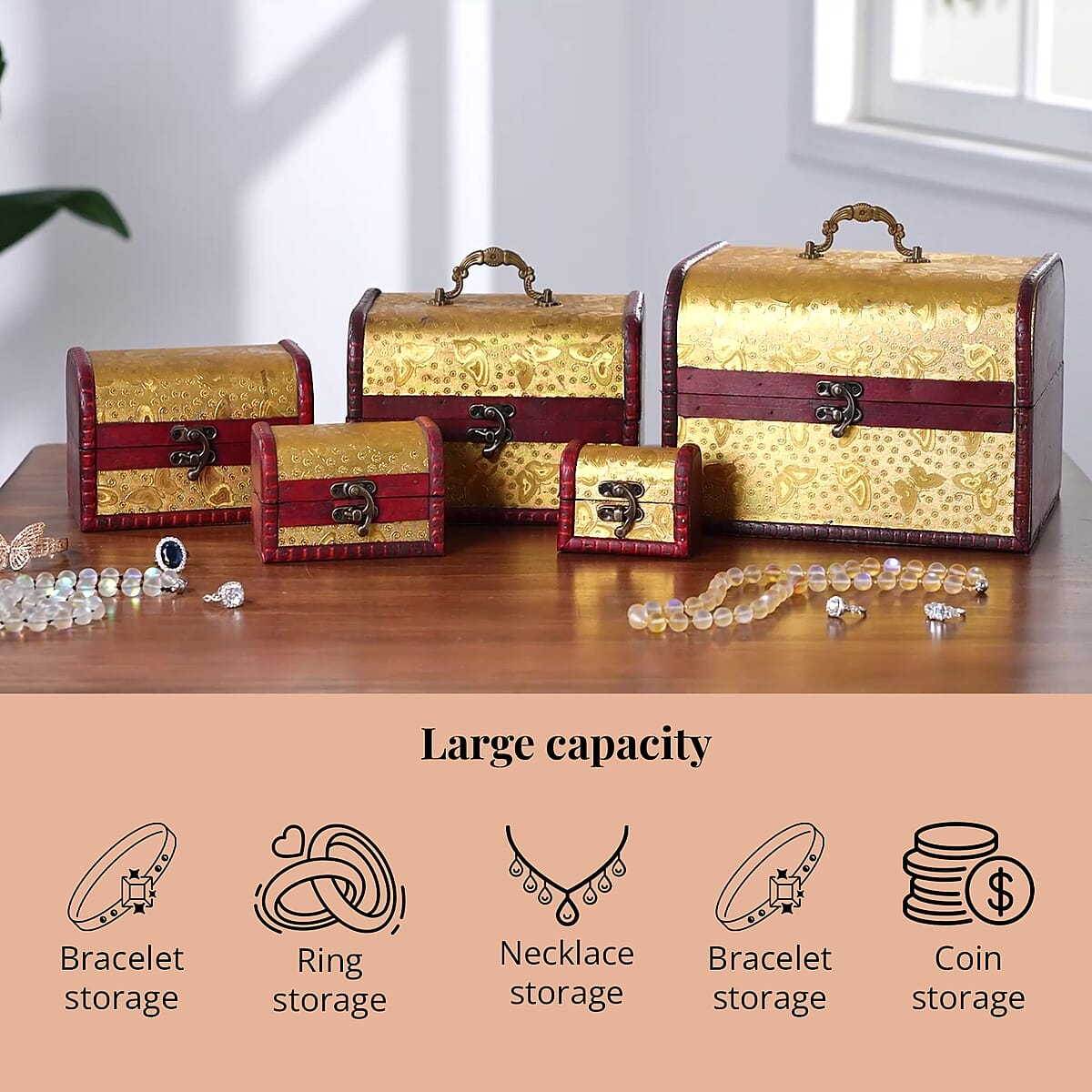 Set of 5 Golden Butterfly Embossed MDF and Faux Leather Mixing Exquisite Jewelry Chest Box image number 3